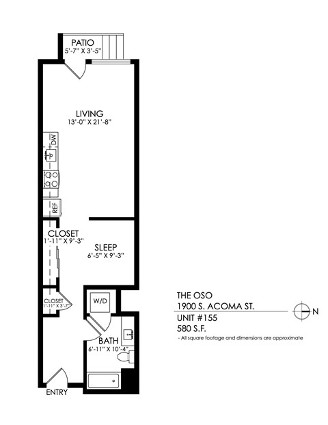 Floor plan for studio, 1 bath, 586 sqft